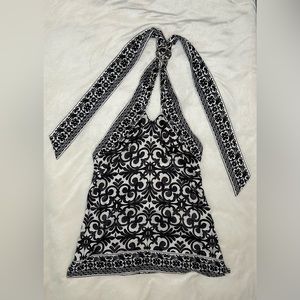 White House Black market halter blouse with silver ring detail on back of neck